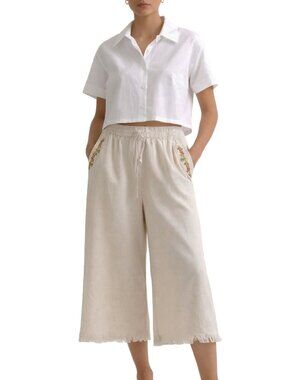 Bronz Cotton-Linen Wide Leg Cropped Pants (M)